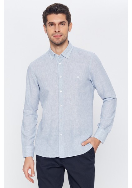 Erkek Açık Mavi-Beyaz Çizgili Slim Fit Uzun Kol Gömlek