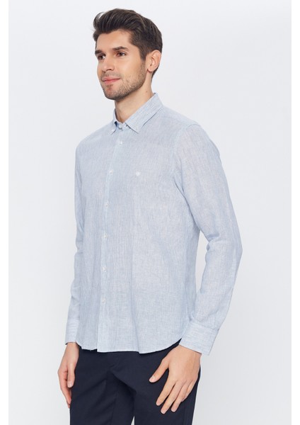 Erkek Açık Mavi-Beyaz Çizgili Slim Fit Uzun Kol Gömlek modelleri