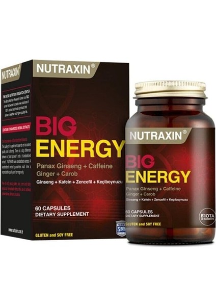 Nutraxin Big Energy Ginseng + Kafein + Zencefil + Keçiboynuzu 60 Kapsül Takviye Edici Gıda