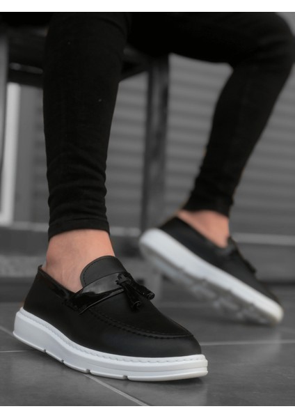 BA0005 Bağcıksız Yüksek Taban Klasik Püsküllü Corcik Erkek Ayakkabı Siyah Beyaz modelleri