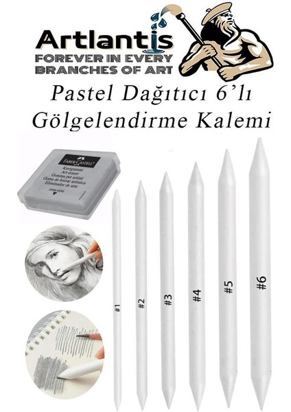 Pastel Dağıtıcı Gölgelendirme Kalemi 6 Lı 1 Paket ve 1 Adet Hamur Silgi Kaynaştırma Kalemi Kara Kalem Dağıtıcı Kalem Kağıt Kalem