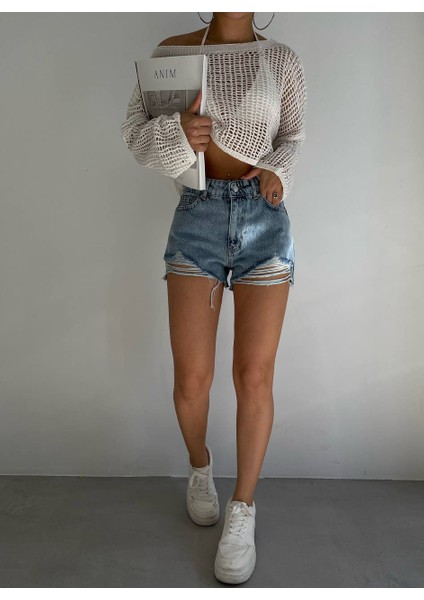 Kadın Mavi Yüksek Bel Önü Yırtık Detaylı Kot Şort Jean Denim Şort