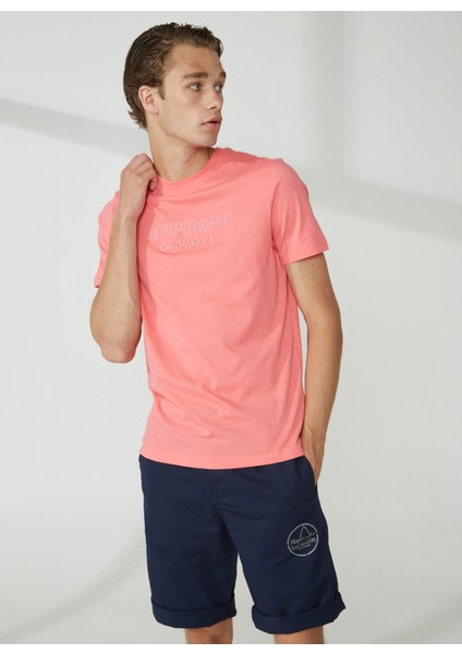 Bisiklet Yaka Düz Pembe Erkek T-Shirt Emboss T-Shırt
