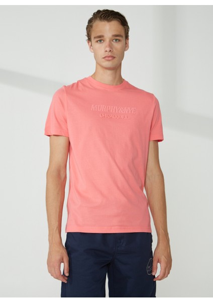 Bisiklet Yaka Düz Pembe Erkek T-Shirt Emboss T-Shırt