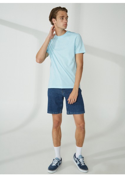 Bisiklet Yaka Düz Mavi Erkek T-Shirt Emboss T-Shırt