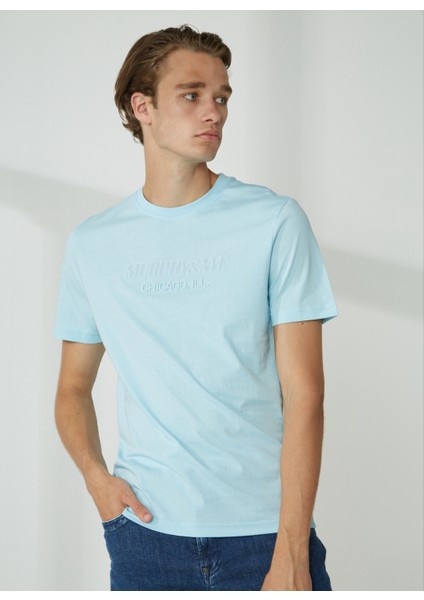 Bisiklet Yaka Düz Mavi Erkek T-Shirt Emboss T-Shırt modelleri