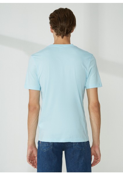 Bisiklet Yaka Düz Mavi Erkek T-Shirt Emboss T-Shırt indirimleri