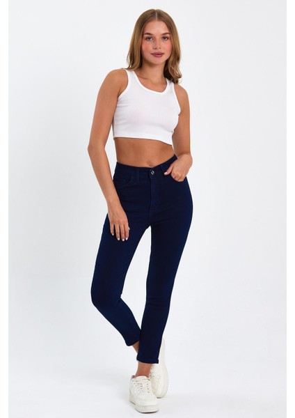 Lacivert Yüksek Bel Dar Paça Skinny Power Likralı Kot Pantalon Trefjeans-1-Lacivert