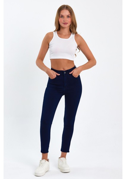 Lacivert Yüksek Bel Dar Paça Skinny Power Likralı Kot Pantalon Trefjeans-1-Lacivert