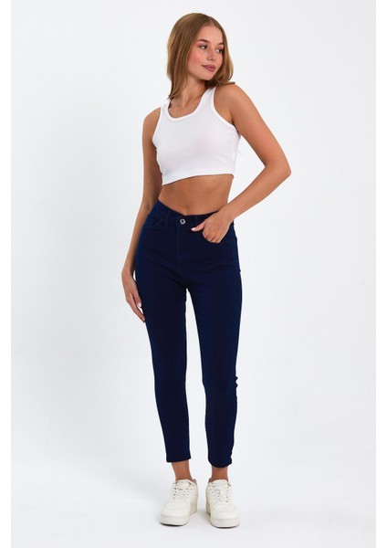 Lacivert Yüksek Bel Dar Paça Skinny Power Likralı Kot Pantalon Trefjeans-1-Lacivert