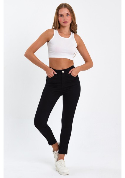 Siyah Yüksek Bel Dar Paça Skinny Power Likralı Kot Pantalon Trefjeans-2-Siyah