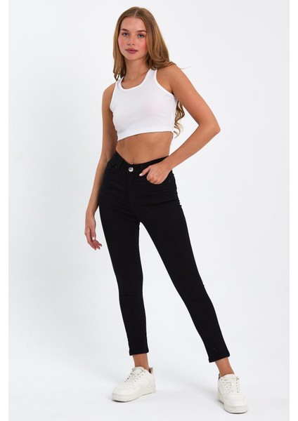 Siyah Yüksek Bel Dar Paça Skinny Power Likralı Kot Pantalon Trefjeans-2-Siyah