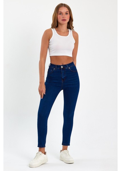 Mavi Yüksek Bel Dar Paça Skinny Power Likralı Kot Pantalon Trefjeans-2-Mavi