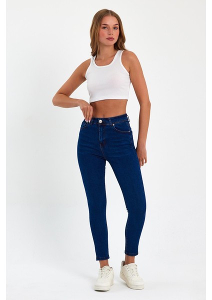 Mavi Yüksek Bel Dar Paça Skinny Power Likralı Kot Pantalon Trefjeans-2-Mavi