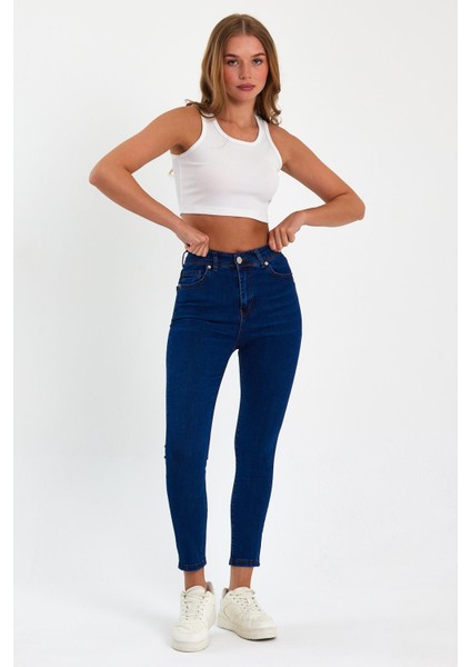 Mavi Yüksek Bel Dar Paça Skinny Power Likralı Kot Pantalon Trefjeans-2-Mavi