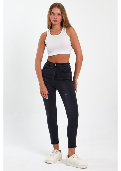 Siyah Yırtık Yüksek Bel Dar Paça Skinny Power Likralı Kot Pantalon Siyah-Trefjeans-4