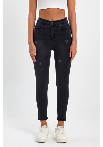 Siyah Yırtık Yüksek Bel Dar Paça Skinny Power Likralı Kot Pantalon Siyah-Trefjeans-4