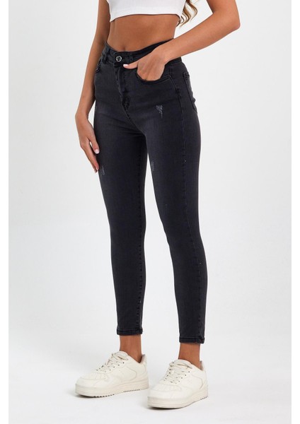 Siyah Yırtık Yüksek Bel Dar Paça Skinny Power Likralı Kot Pantalon Siyah-Trefjeans-4