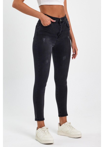 Siyah Yırtık Yüksek Bel Dar Paça Skinny Power Likralı Kot Pantalon Siyah-Trefjeans-4