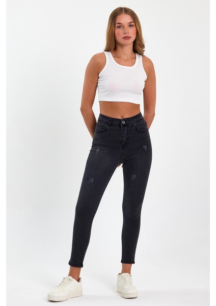 Siyah Yırtık Yüksek Bel Dar Paça Skinny Power Likralı Kot Pantalon Siyah-Trefjeans-4