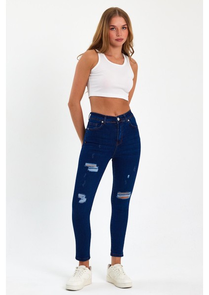 Mavi Yırtık Yüksek Bel Dar Paça Skinny Power Likralı Kot Pantalon Mavi-Yırtık-Trefjeans-5 fırsatları
