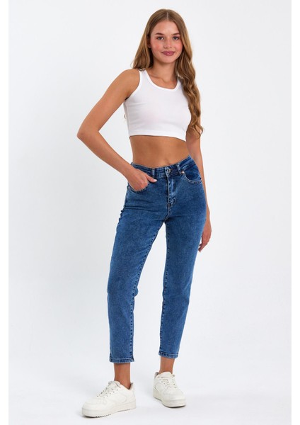 Koyu Mavi Mom Jeans Likralı Kot Pantolon Koyu-Mavi-Mom-Jean-1
