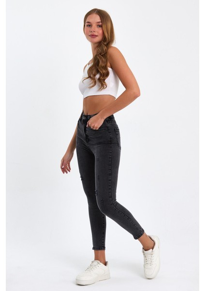 Siyah Likralı Yırtık Yüksek Bel Dar Paça Skinny Power Likralı Kot Pantalon TREF-SIYAH-JEANS-911112