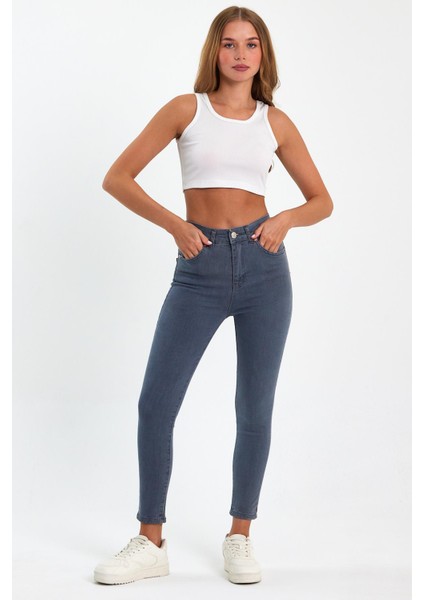 Gri Yüksek Bel Dar Paça Skinny Power Likralı Kot Pantalon Trefjeans-1-Gri