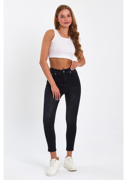 Siyah Likralı Yüksek Bel Dar Paça Skinny Power Likralı Kot Pantalon TREF-SIYAH-JEANS-56903