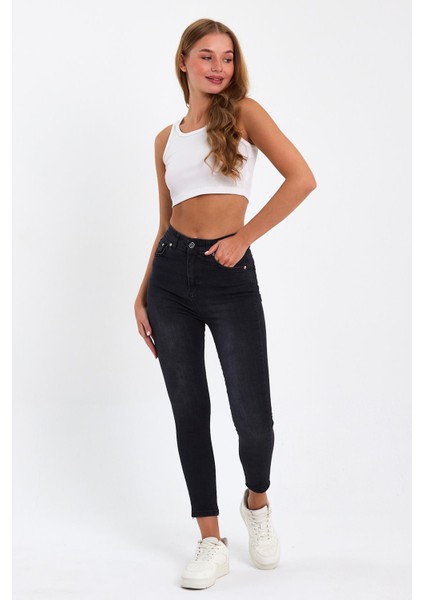 Siyah Likralı Yüksek Bel Dar Paça Skinny Power Likralı Kot Pantalon TREF-SIYAH-JEANS-56903