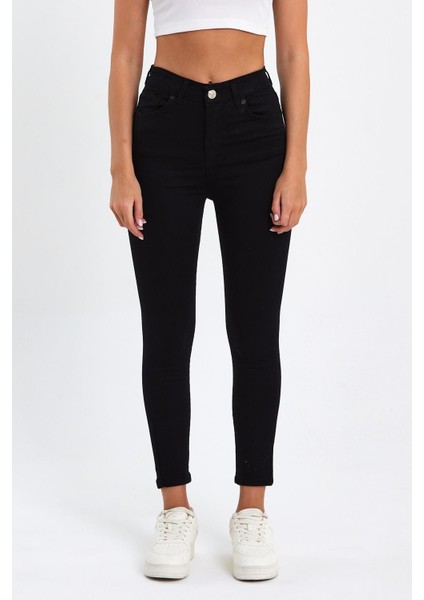 Siyah Yüksek Bel Dar Paça Skinny Power Likralı Kot Pantalon Trefjeans-2-Siyah fiyatları