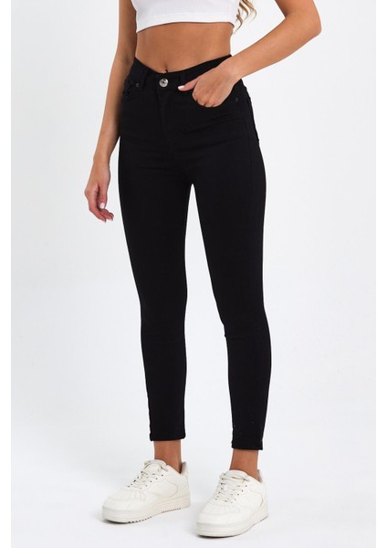 Siyah Yüksek Bel Dar Paça Skinny Power Likralı Kot Pantalon Trefjeans-2-Siyah modelleri