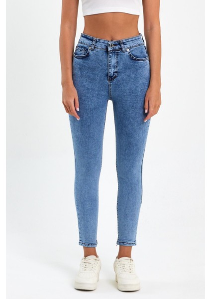 Mavi Yüksek Bel Dar Paça Skinny Power Likralı Kot Pantalon Trefjeans-1-Mavi