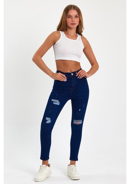 Mavi Yırtık Yüksek Bel Dar Paça Skinny Power Likralı Kot Pantalon Mavi-Yırtık-Trefjeans-5