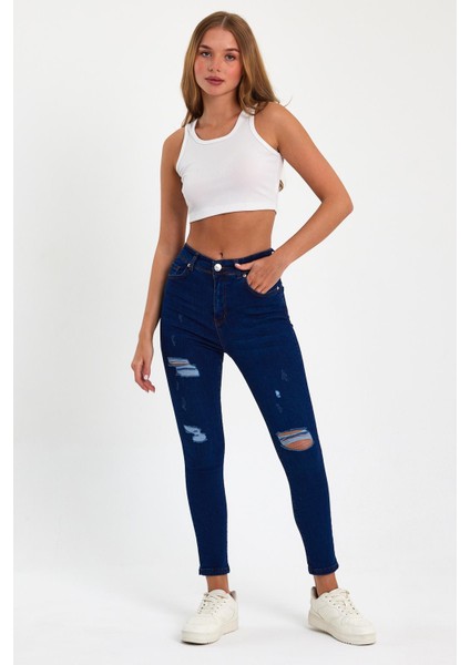 Mavi Yırtık Yüksek Bel Dar Paça Skinny Power Likralı Kot Pantalon Mavi-Yırtık-Trefjeans-5