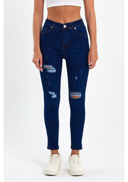 Mavi Yırtık Yüksek Bel Dar Paça Skinny Power Likralı Kot Pantalon Mavi-Yırtık-Trefjeans-5