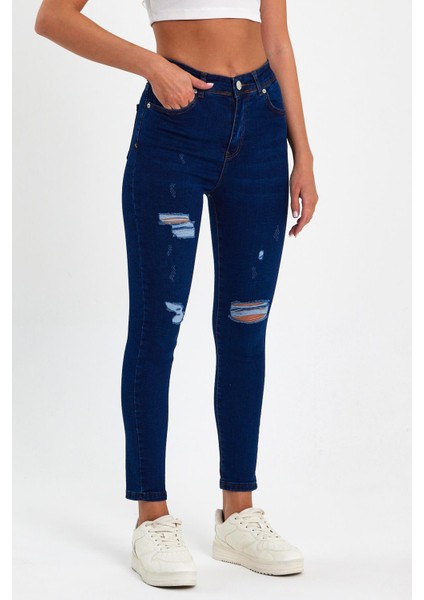 Mavi Yırtık Yüksek Bel Dar Paça Skinny Power Likralı Kot Pantalon Mavi-Yırtık-Trefjeans-5