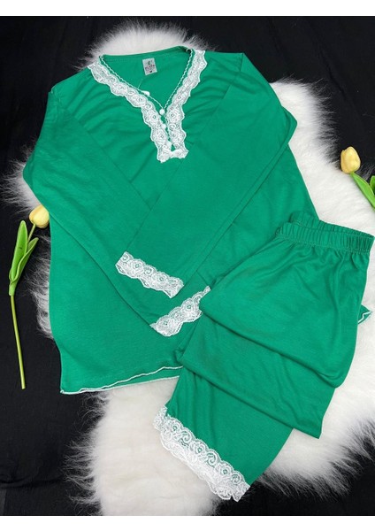 Bayan Uzun Kol Yazlık Pijama Takım P-3142 Zümrüt Yeşil