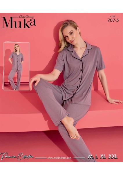 Bayan Kısa Kol Düğmeli Pijama Takım 707 Gri