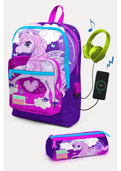 Kids Mor Pembe Unicorn Desenli Usb'li 2'li Okul Çanta Seti SET0223808