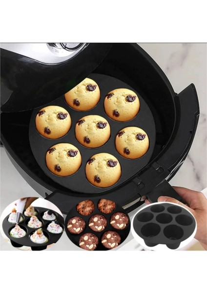 Airfryer Silikon Muffin Kek Kalıbı 7 Gözlü Hava Fritözü Kek ve Çörek Pişirme Kalıbı Aksesuarı