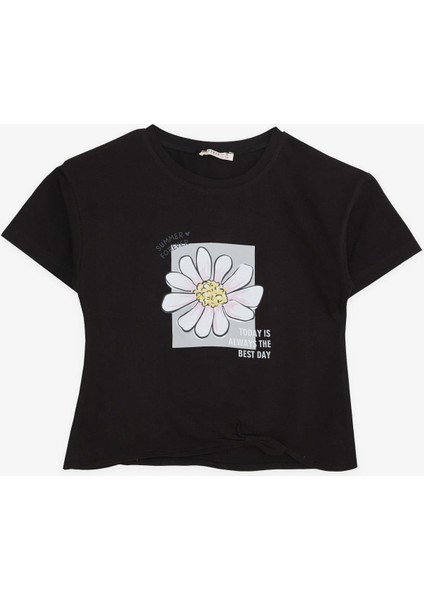Kız Çocuk Tişört Yaz Temalı Çiçek Desenli 9-14 Yaş, Siyah fırsatları