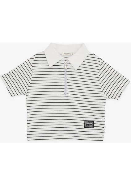 Kız Çocuk Crop Tişört Fermuarlı Çizgili 9-14 Yaş, Ekru