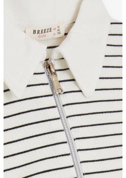 Kız Çocuk Crop Tişört Fermuarlı Çizgili 9-14 Yaş, Ekru modelleri