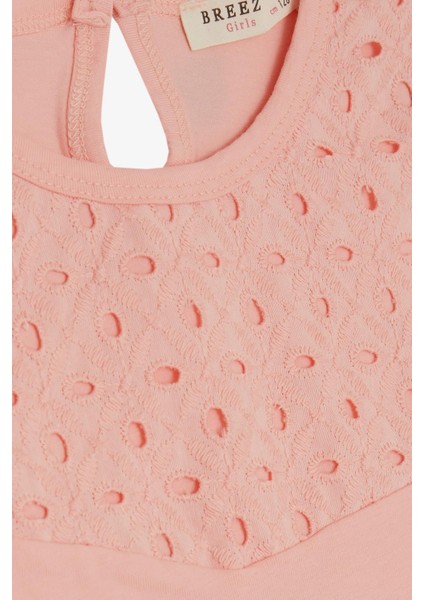 Kız Çocuk Tişört Kolları Fırfırlı Nakış Güpürlü 6-12 Yaş, Somon modelleri