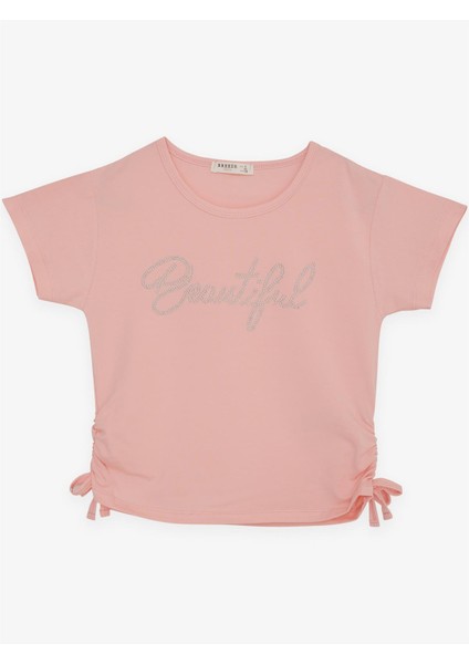 Kız Çocuk Crop Tişört Taşlı Yazı Baskılı Yanları Büzgülü Fiyonklu 8-14 Yaş, Somon