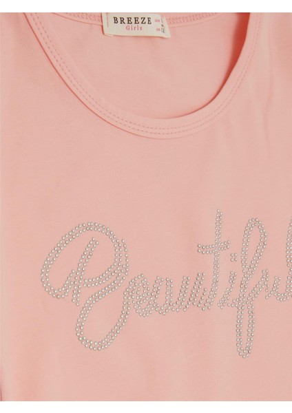 Kız Çocuk Crop Tişört Taşlı Yazı Baskılı Yanları Büzgülü Fiyonklu 8-14 Yaş, Somon modelleri
