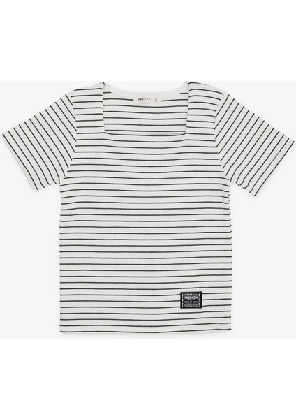 Kız Çocuk Tişört Çizgili Kare Yaka Armalı 9-14 Yaş, Ekru