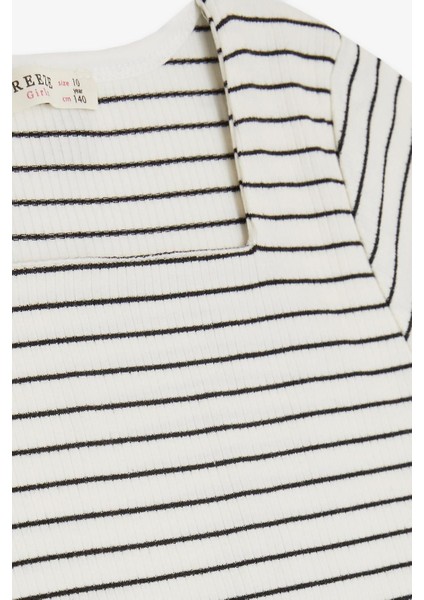 Kız Çocuk Tişört Çizgili Kare Yaka Armalı 9-14 Yaş, Ekru modelleri