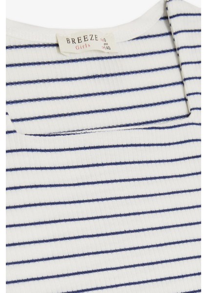 Kız Çocuk Tişört Çizgili Kare Yaka Armalı 9-14 Yaş, Beyaz modelleri